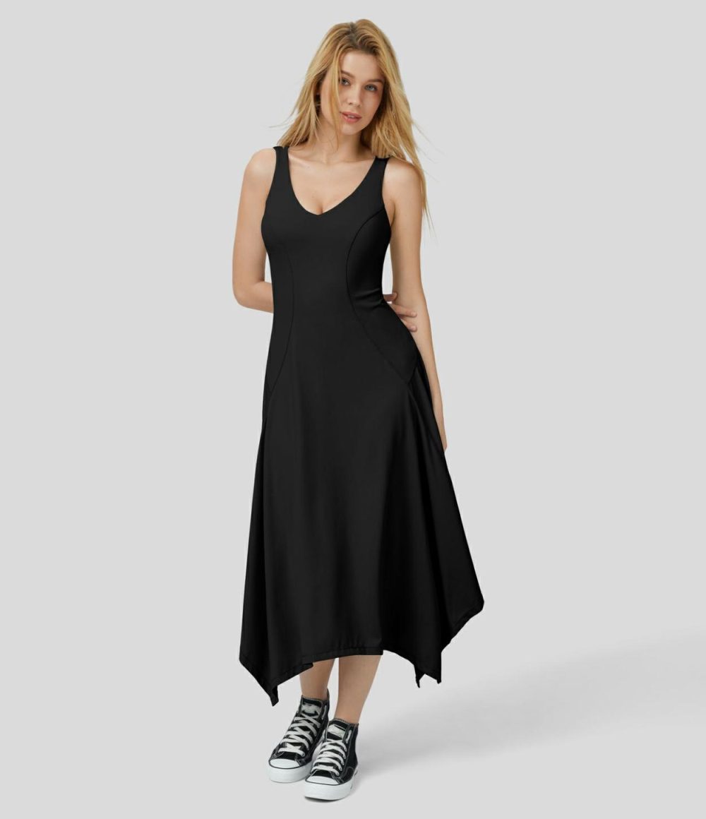 Deep V Neck Sleeveless Backless Asymmetric Hem Flowy Midi Casual Dress  | Womens  Active Dresses Active Dresses Active Dresses