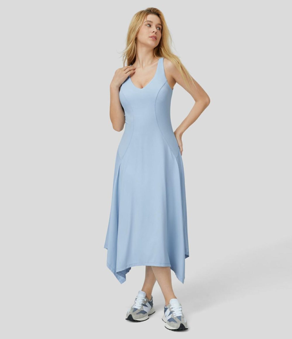 Deep V Neck Sleeveless Backless Asymmetric Hem Flowy Midi Casual Dress  | Womens  Active Dresses Active Dresses Active Dresses