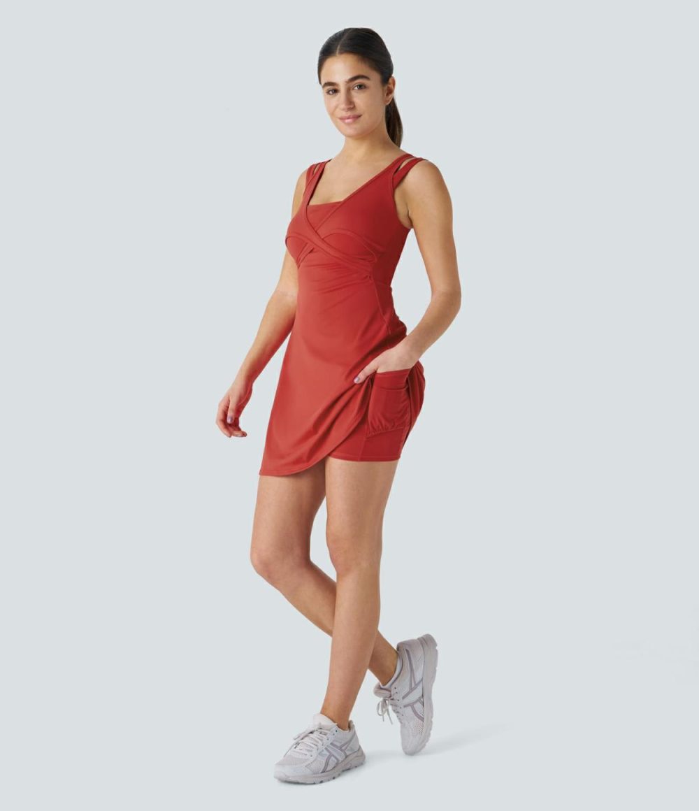 Double Straps Backless 2-in-1 Pocket Quick Dry Mini Tennis Active Dress  | Womens  Active Dresses Active Dresses Active Dresses