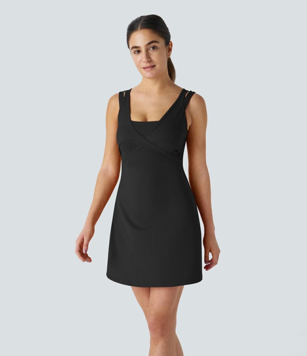 Double Straps Backless 2-in-1 Pocket Quick Dry Mini Tennis Active Dress  | Womens  Active Dresses Active Dresses Active Dresses