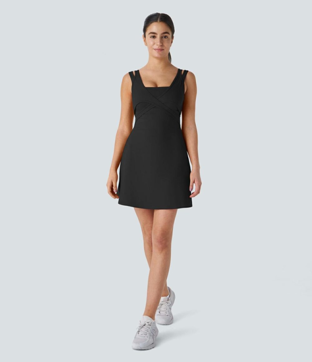 Double Straps Backless 2-in-1 Pocket Quick Dry Mini Tennis Active Dress  | Womens  Active Dresses Active Dresses Active Dresses