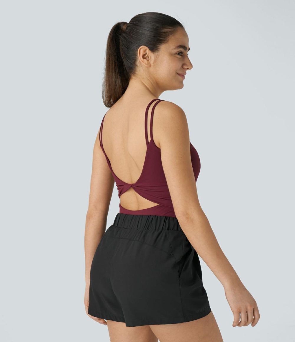 Double Straps Backless Twisted Yoga Bodysuit  | Womens  Bodysuits Bodysuits Bodysuits