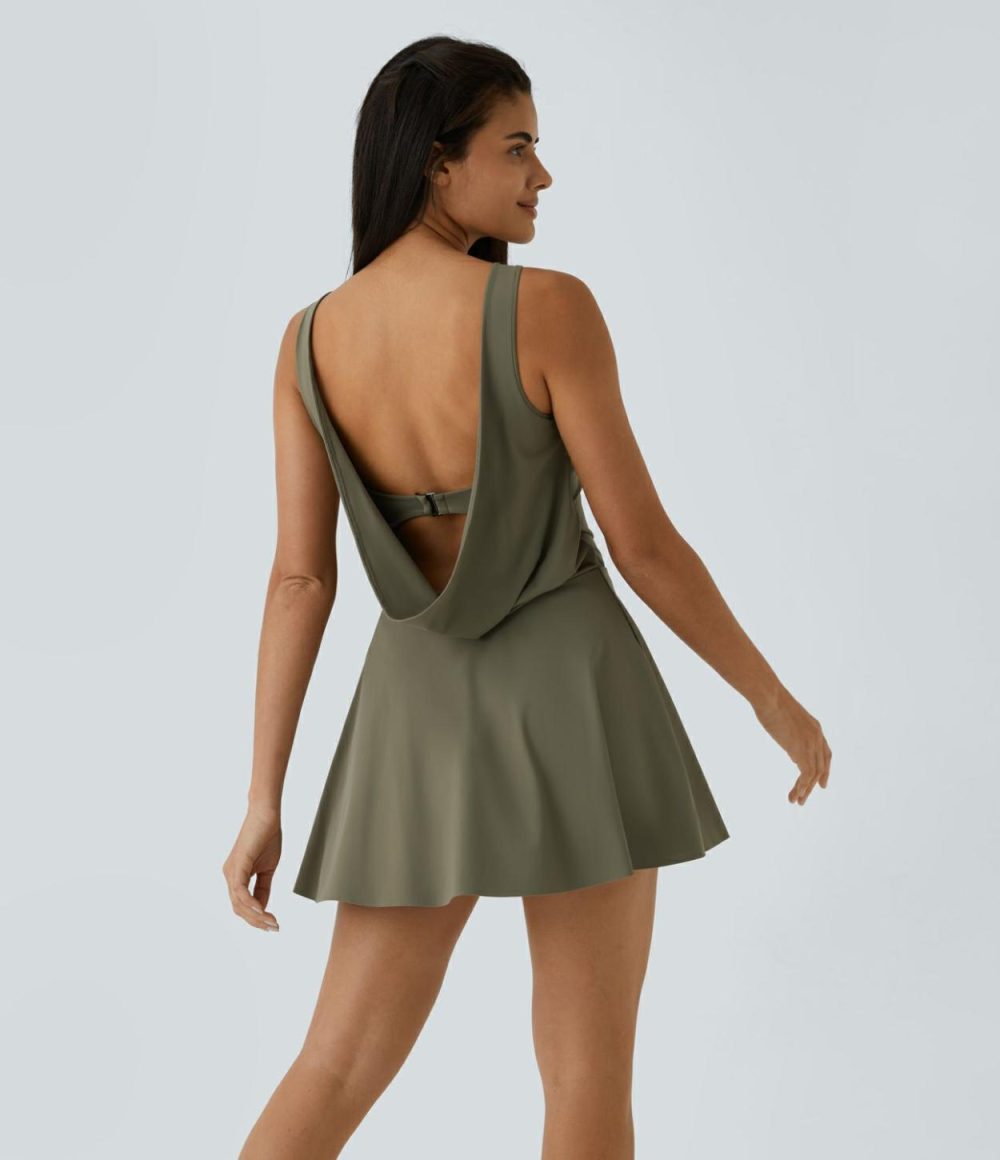 Draped Backless G-Hook 2-in-1 Side Pocket Mini Dance Active Dress  | Womens  Active Dresses Active Dresses Active Dresses