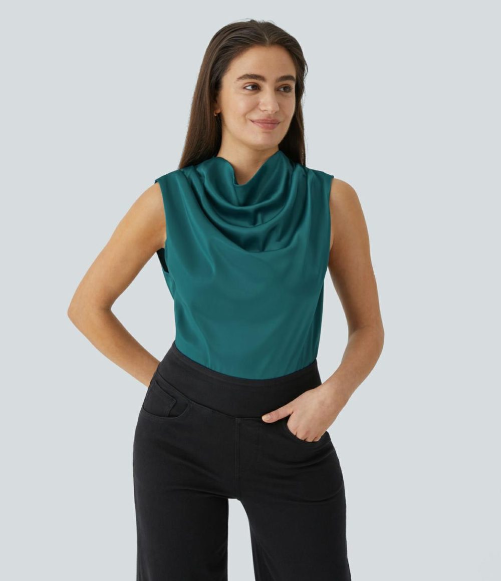 Draped Cowl Neck Sleeveless Keyhole Back Curved Hem Satin Work Blouse  | Womens  T-Shirts Clothing T-Shirts