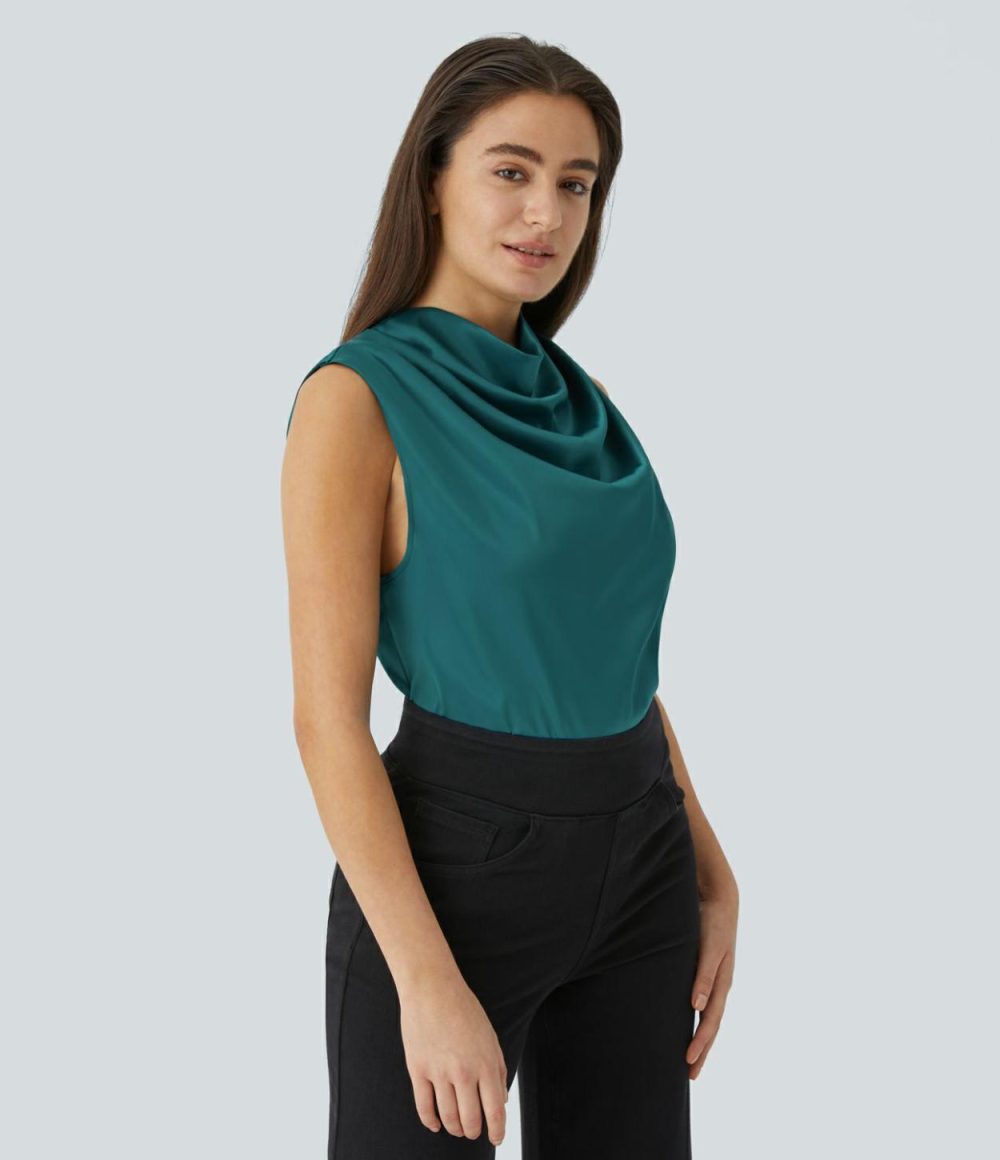 Draped Cowl Neck Sleeveless Keyhole Back Curved Hem Satin Work Blouse  | Womens  T-Shirts Clothing T-Shirts