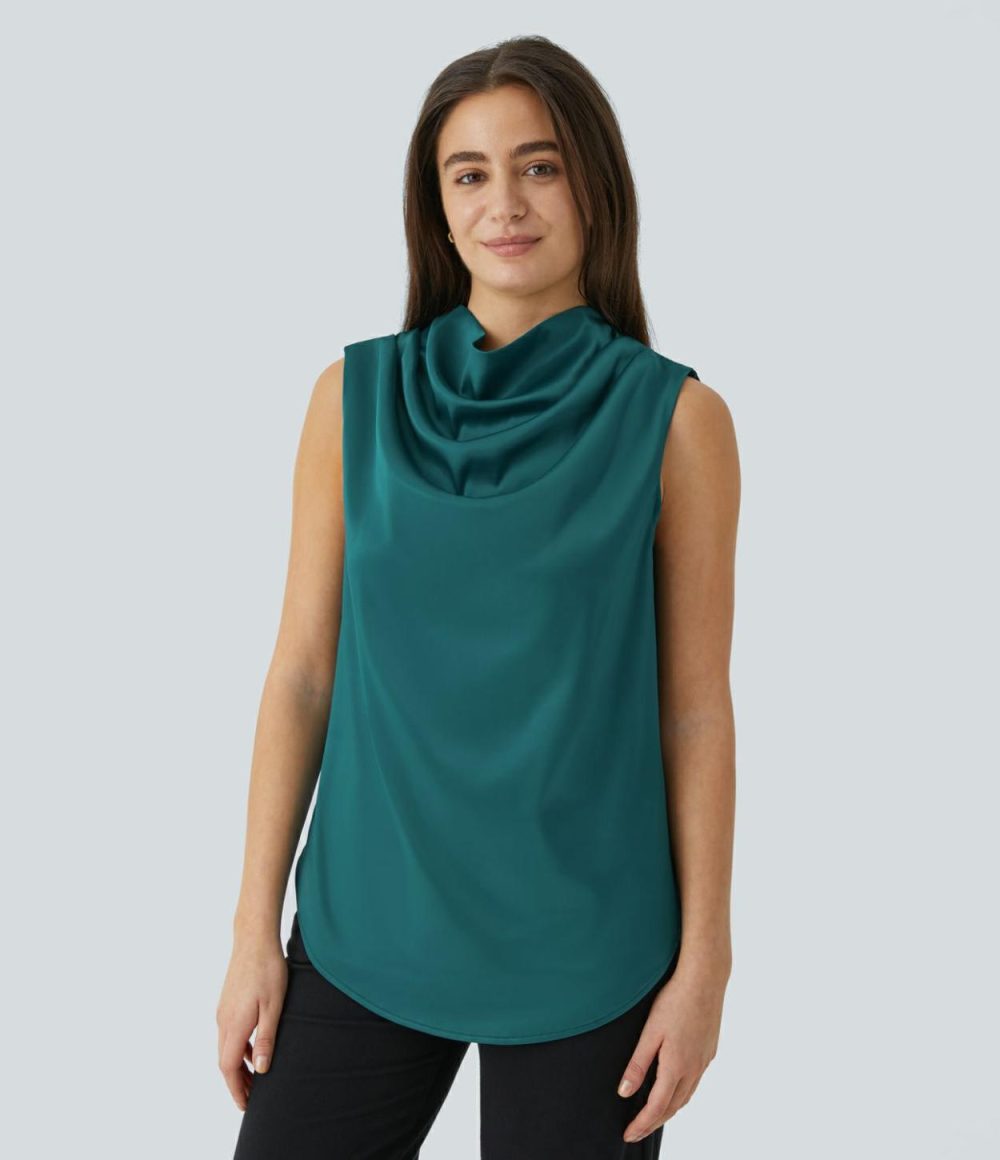 Draped Cowl Neck Sleeveless Keyhole Back Curved Hem Satin Work Blouse  | Womens  T-Shirts Clothing T-Shirts