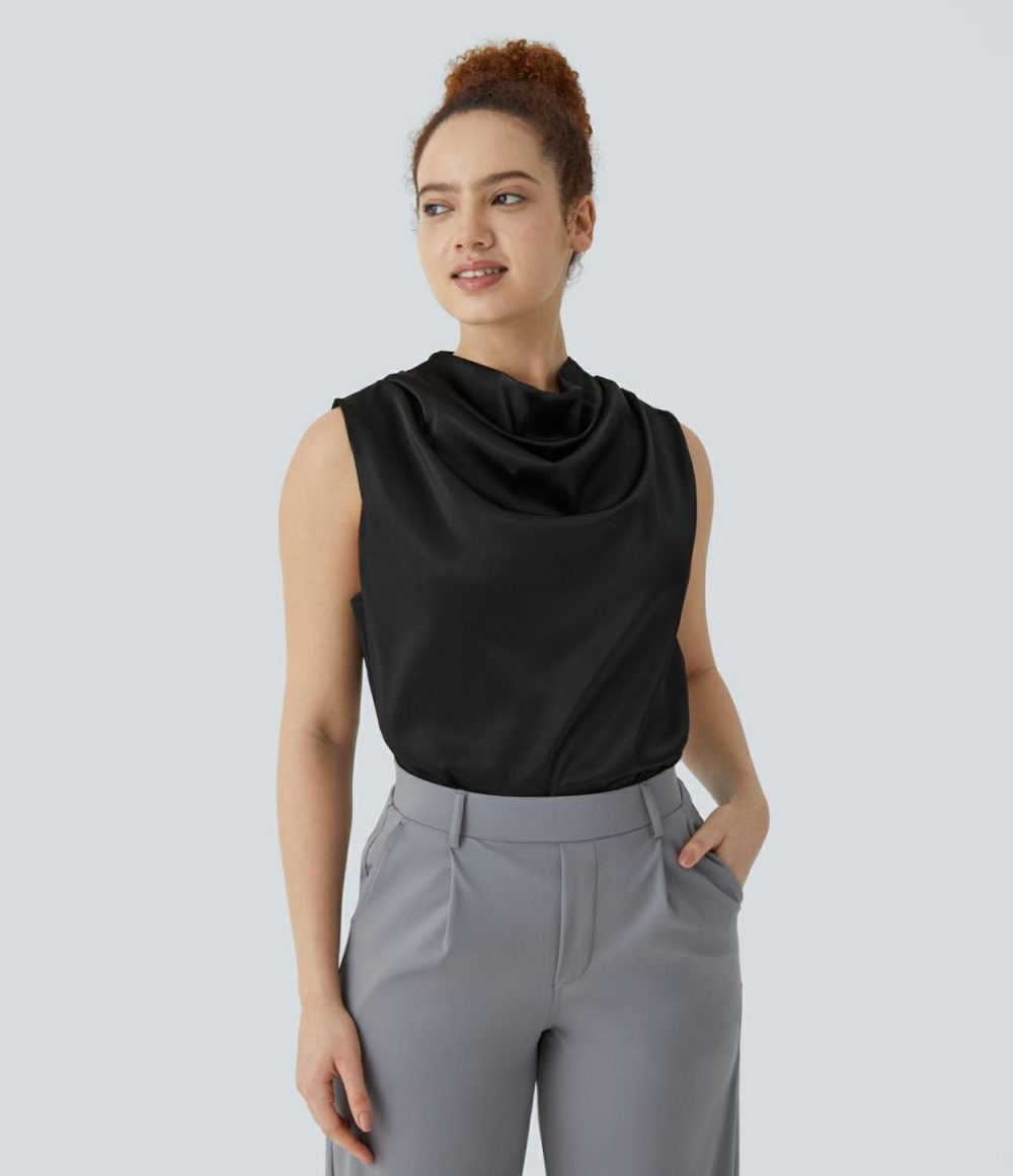 Draped Cowl Neck Sleeveless Keyhole Back Curved Hem Satin Work Blouse  | Womens  T-Shirts Clothing T-Shirts