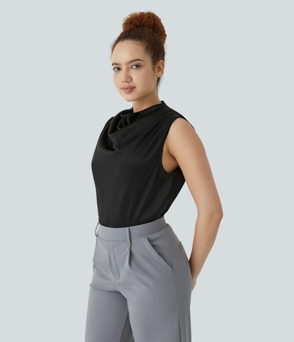 Draped Cowl Neck Sleeveless Keyhole Back Curved Hem Satin Work Blouse  | Womens  T-Shirts Clothing T-Shirts