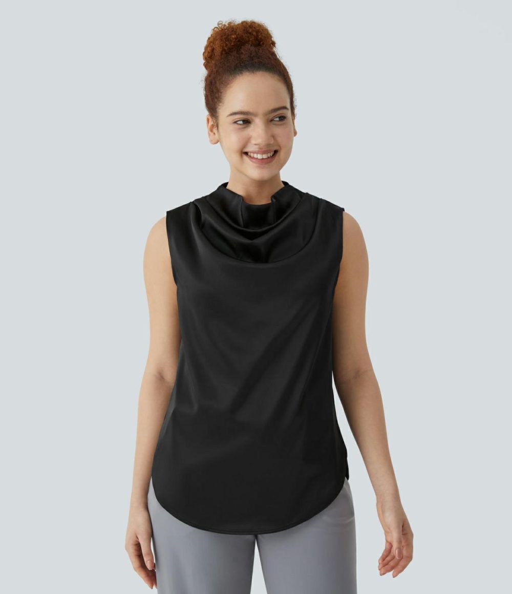 Draped Cowl Neck Sleeveless Keyhole Back Curved Hem Satin Work Blouse  | Womens  T-Shirts Clothing T-Shirts