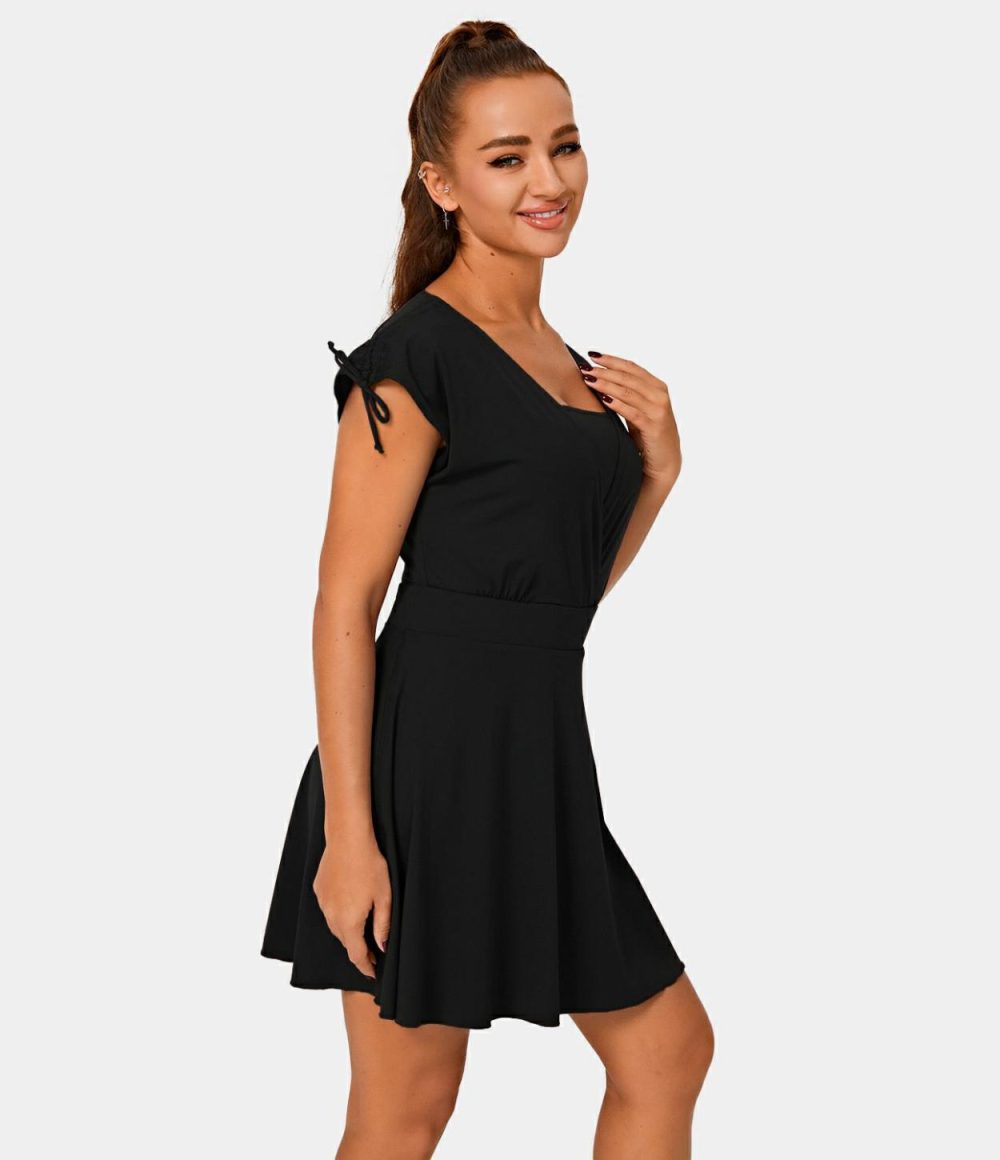 Drawstring Flare 2-in-1 Pocket Mini Casual Dress With Tube Top  | Womens  Active Dresses Active Dresses Active Dresses