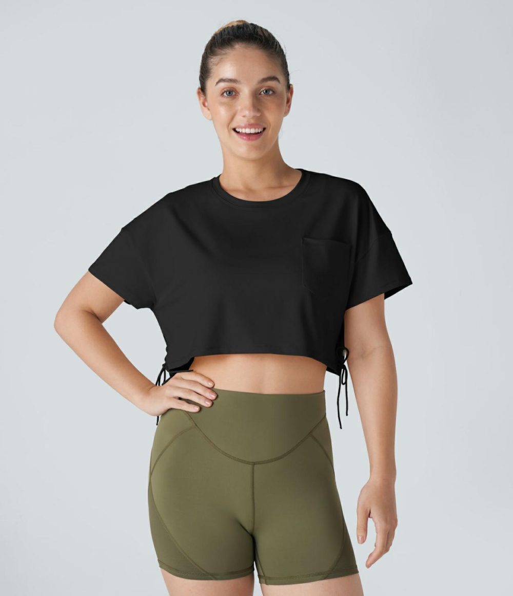 Dropped Shoulder Chest Pocket Lace Up Cropped Dance Sports Top  | Womens  Sports Tops Clothing Sports Tops