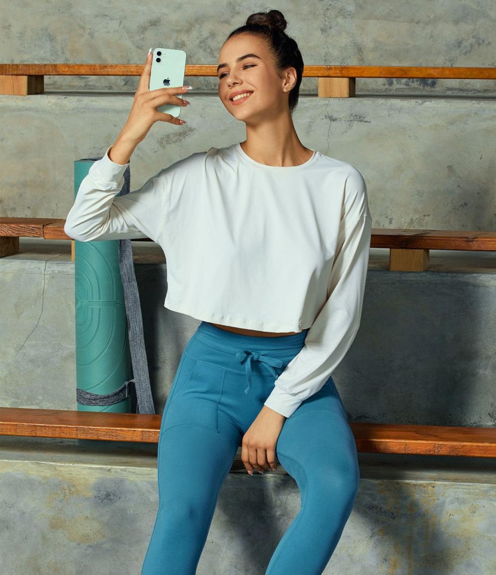 Dropped Shoulder Long Sleeve Cropped Sports Top  | Womens  Sports Tops Clothing Snow White/Baby Blue/Black/Pale Rosette