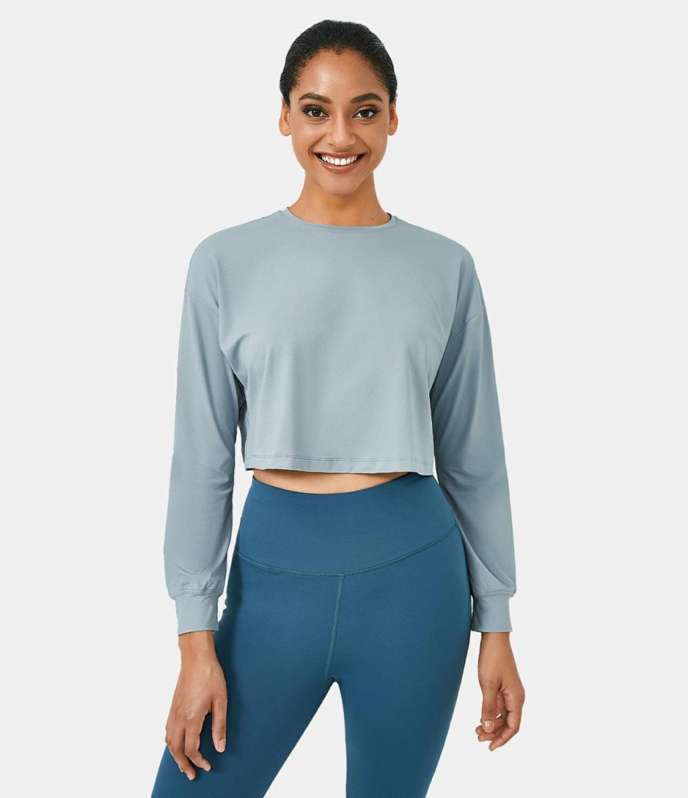 Dropped Shoulder Long Sleeve Cropped Sports Top  | Womens  Sports Tops Clothing Baby Blue/Snow White/Black/Pale Rosette