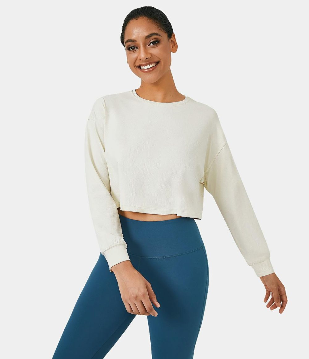 Dropped Shoulder Long Sleeve Cropped Sports Top  | Womens  Sports Tops Clothing Snow White/Black/Baby Blue/Pale Rosette