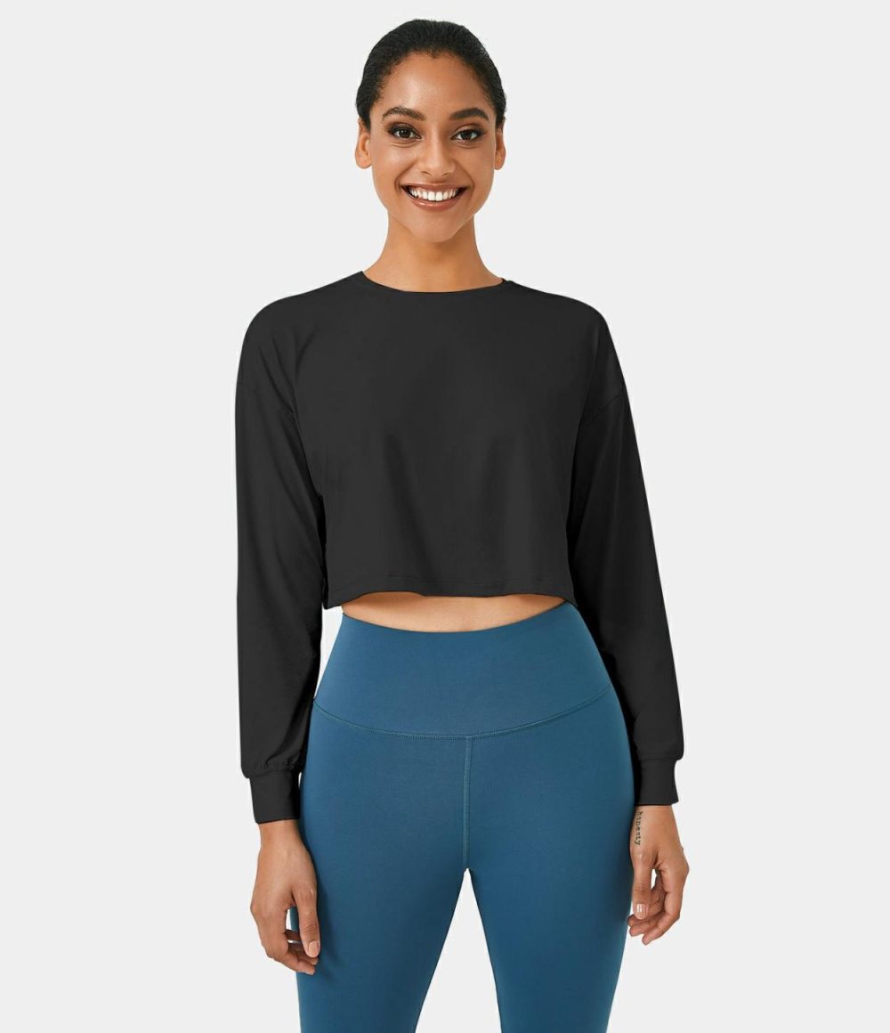 Dropped Shoulder Long Sleeve Cropped Sports Top  | Womens  Sports Tops Clothing Snow White/Black/Baby Blue/Pale Rosette