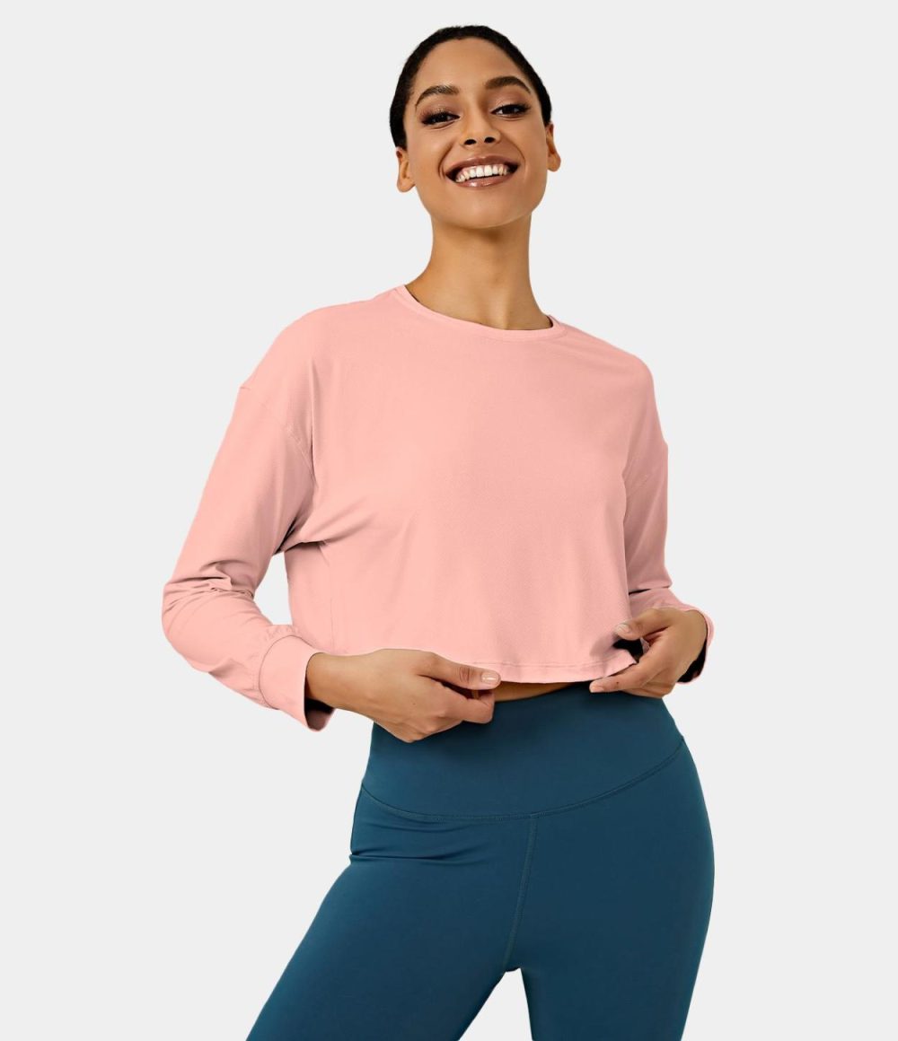 Dropped Shoulder Long Sleeve Cropped Sports Top  | Womens  Sports Tops Clothing Snow White/Baby Blue/Black/Pale Rosette