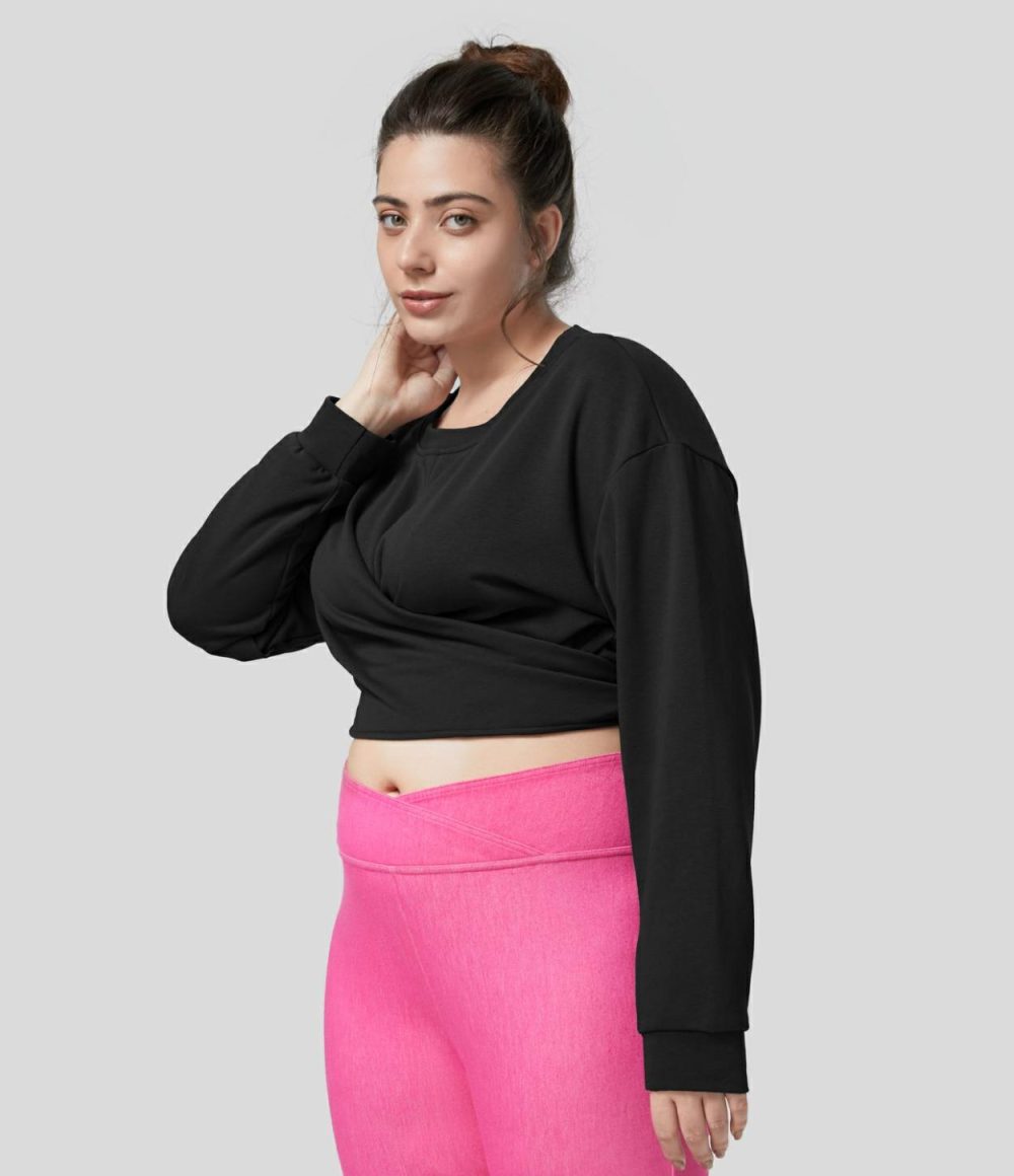 Dropped Shoulder Tie Back Cropped Casual Plus Size Sweatshirt  | Womens  Cropped Tops Clothing Black