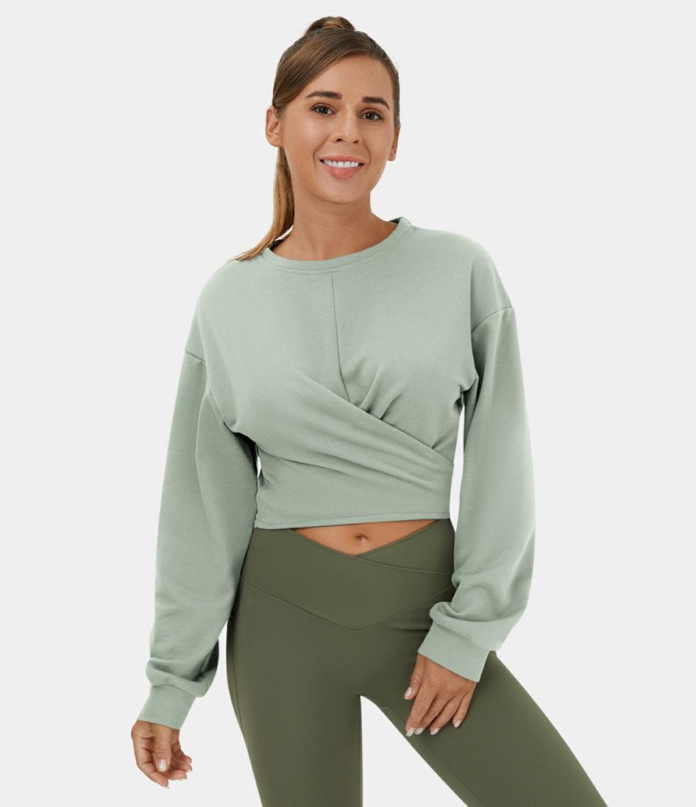 Dropped Shoulder Tie Back Cropped Casual Sports Sweatshirt  | Womens  Long Sleeve Tops Clothing Lava Smoke/Silt Green/Black/Ginger Snap/White