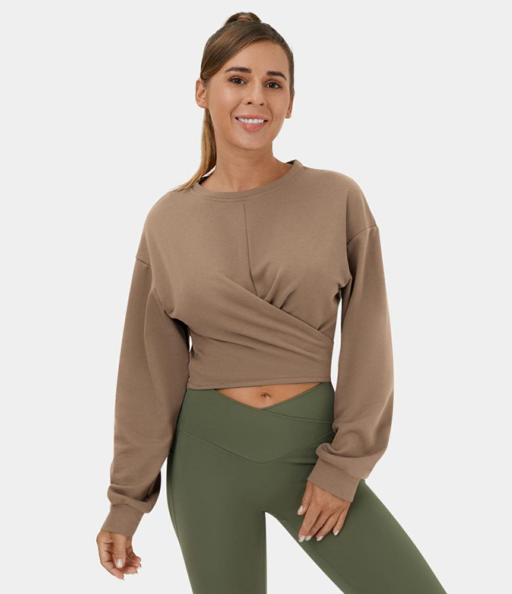 Dropped Shoulder Tie Back Cropped Casual Sports Sweatshirt  | Womens  Long Sleeve Tops Clothing Lava Smoke/Silt Green/Black/Ginger Snap/White