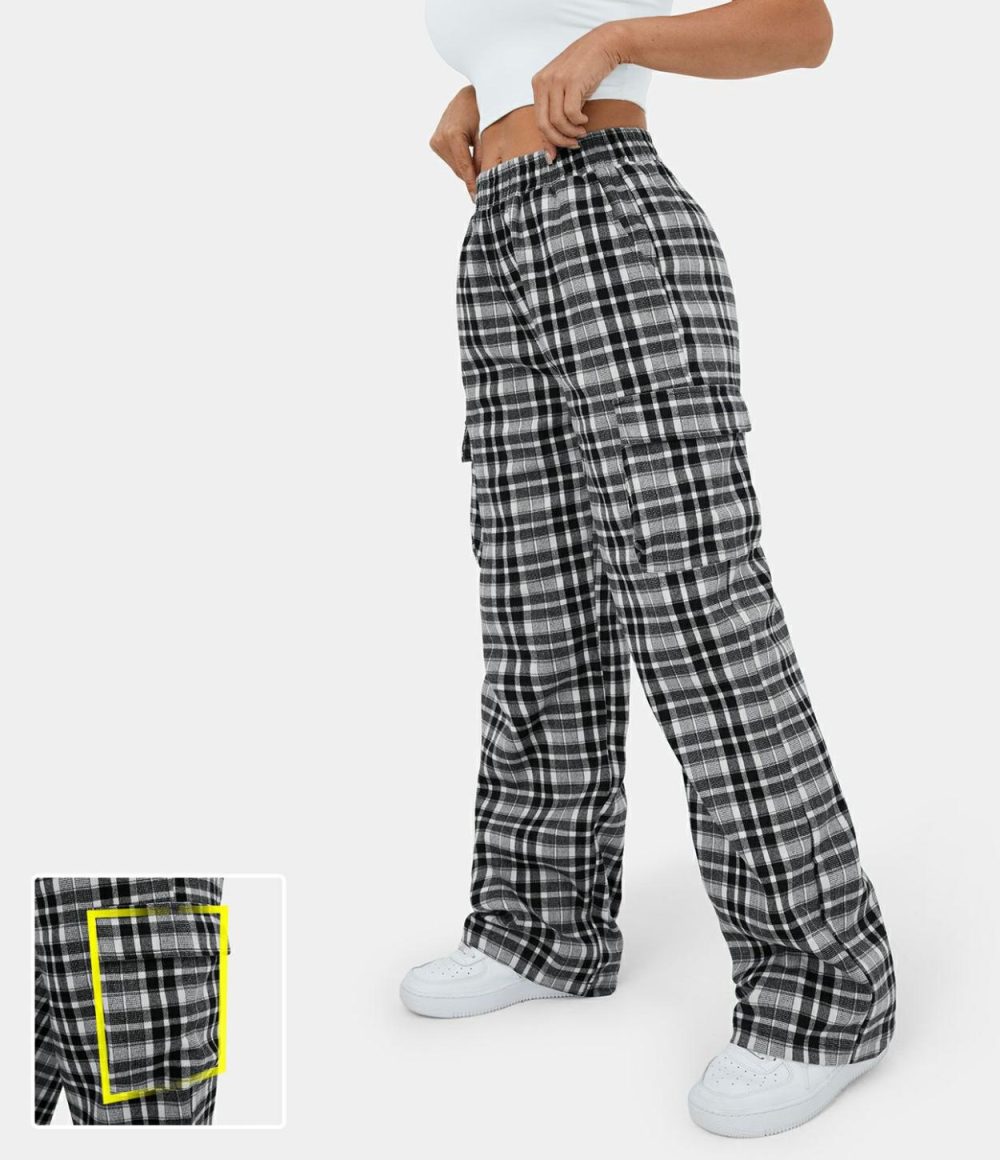 Elastic Waistband Side Pocket Plaid Wide Leg Casual Cargo Pants  | Womens  Cargo Pants Cargo Pants Black Grey Plaid/Dark Blue Plaid