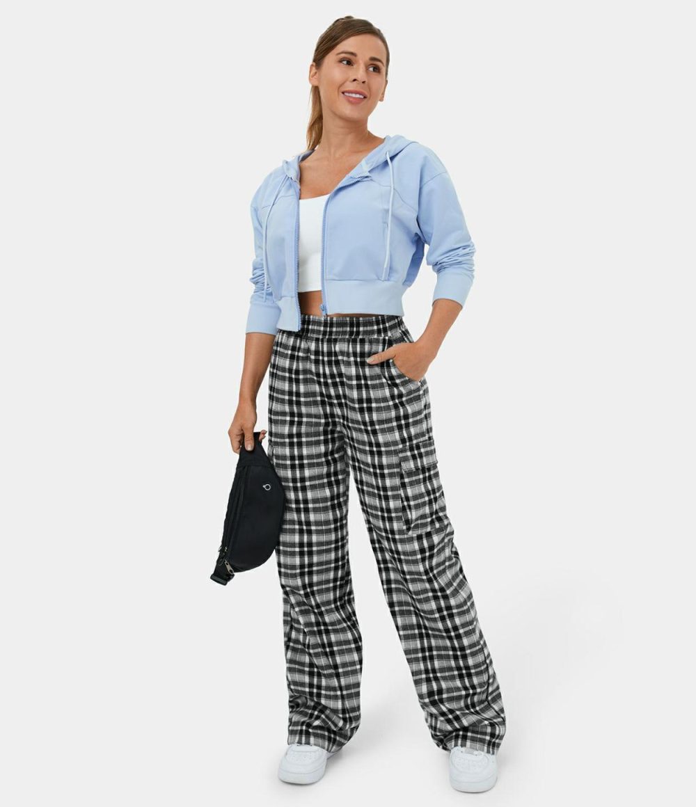 Elastic Waistband Side Pocket Plaid Wide Leg Casual Cargo Pants  | Womens  Cargo Pants Cargo Pants Black Grey Plaid/Dark Blue Plaid