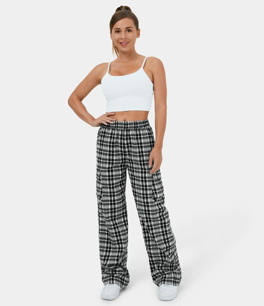 Elastic Waistband Side Pocket Plaid Wide Leg Casual Cargo Pants  | Womens  Cargo Pants Cargo Pants Black Grey Plaid/Dark Blue Plaid