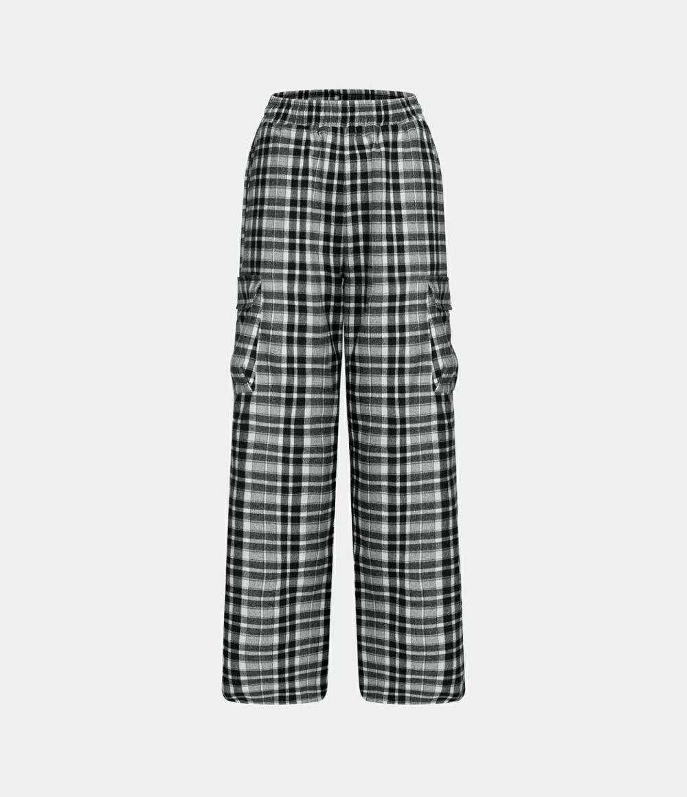 Elastic Waistband Side Pocket Plaid Wide Leg Casual Cargo Pants  | Womens  Cargo Pants Cargo Pants Black Grey Plaid/Dark Blue Plaid