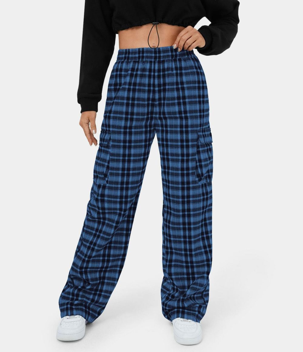 Elastic Waistband Side Pocket Plaid Wide Leg Casual Cargo Pants  | Womens  Cargo Pants Cargo Pants Black Grey Plaid/Dark Blue Plaid