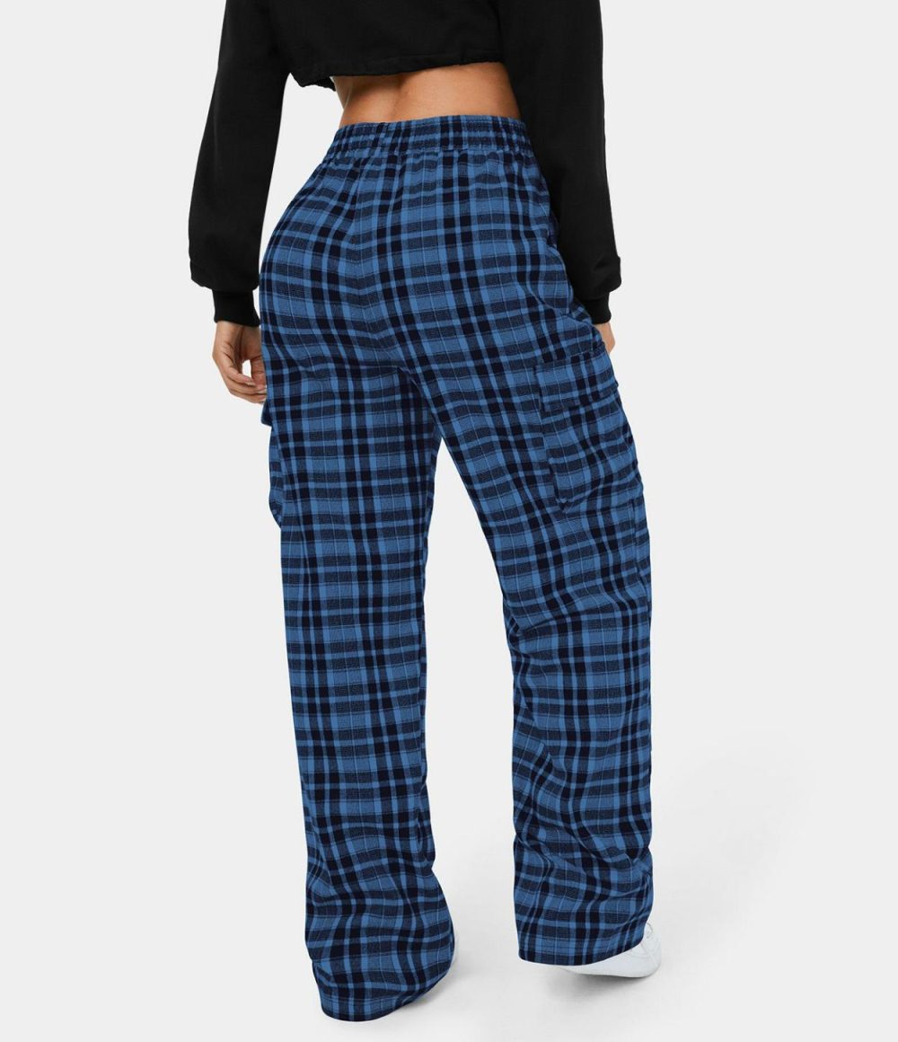 Elastic Waistband Side Pocket Plaid Wide Leg Casual Cargo Pants  | Womens  Cargo Pants Cargo Pants Black Grey Plaid/Dark Blue Plaid