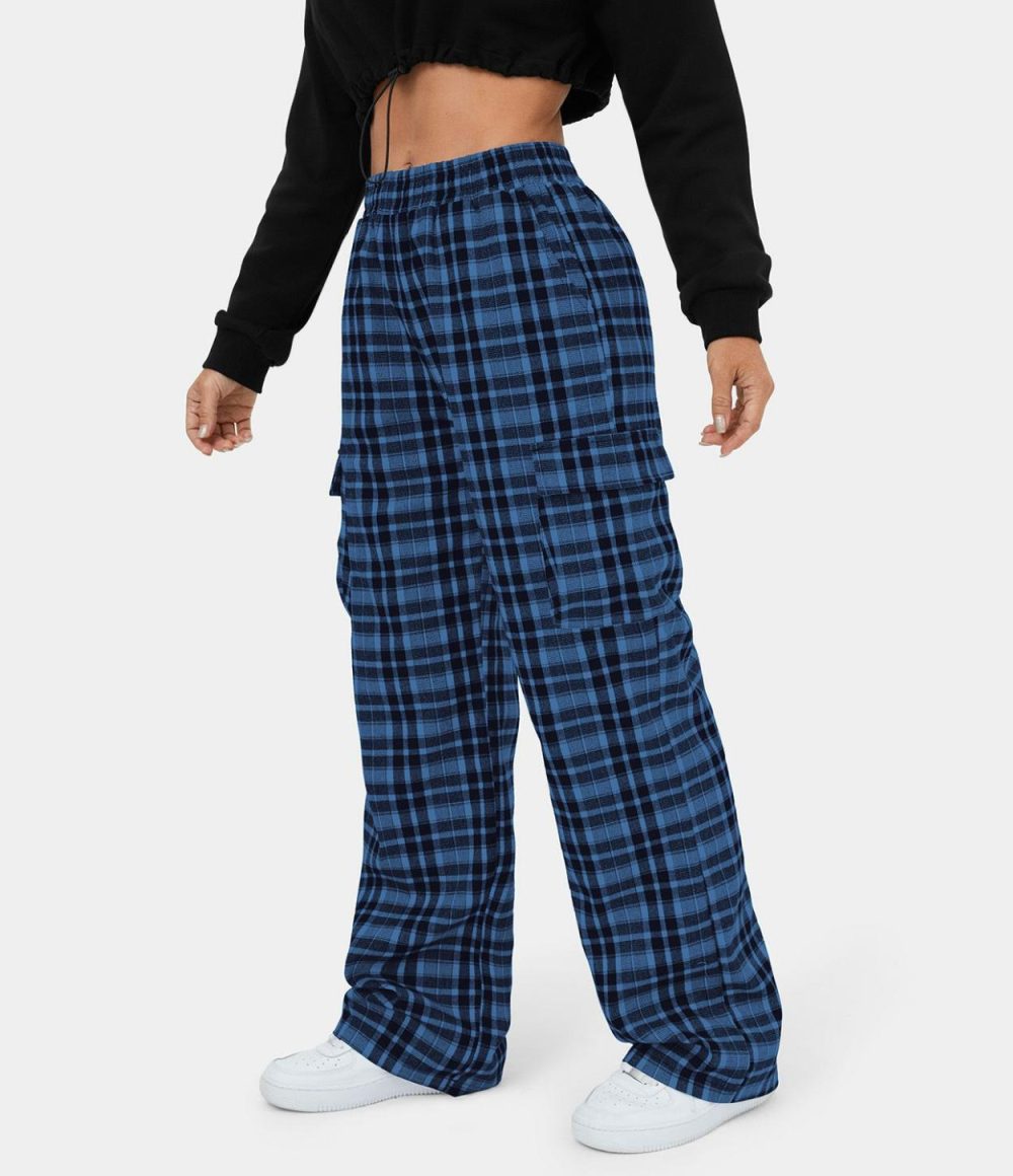 Elastic Waistband Side Pocket Plaid Wide Leg Casual Cargo Pants  | Womens  Cargo Pants Cargo Pants Black Grey Plaid/Dark Blue Plaid