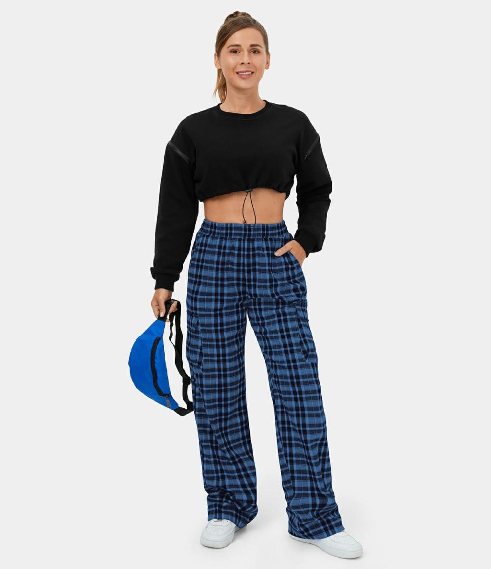 Elastic Waistband Side Pocket Plaid Wide Leg Casual Cargo Pants  | Womens  Cargo Pants Cargo Pants Black Grey Plaid/Dark Blue Plaid