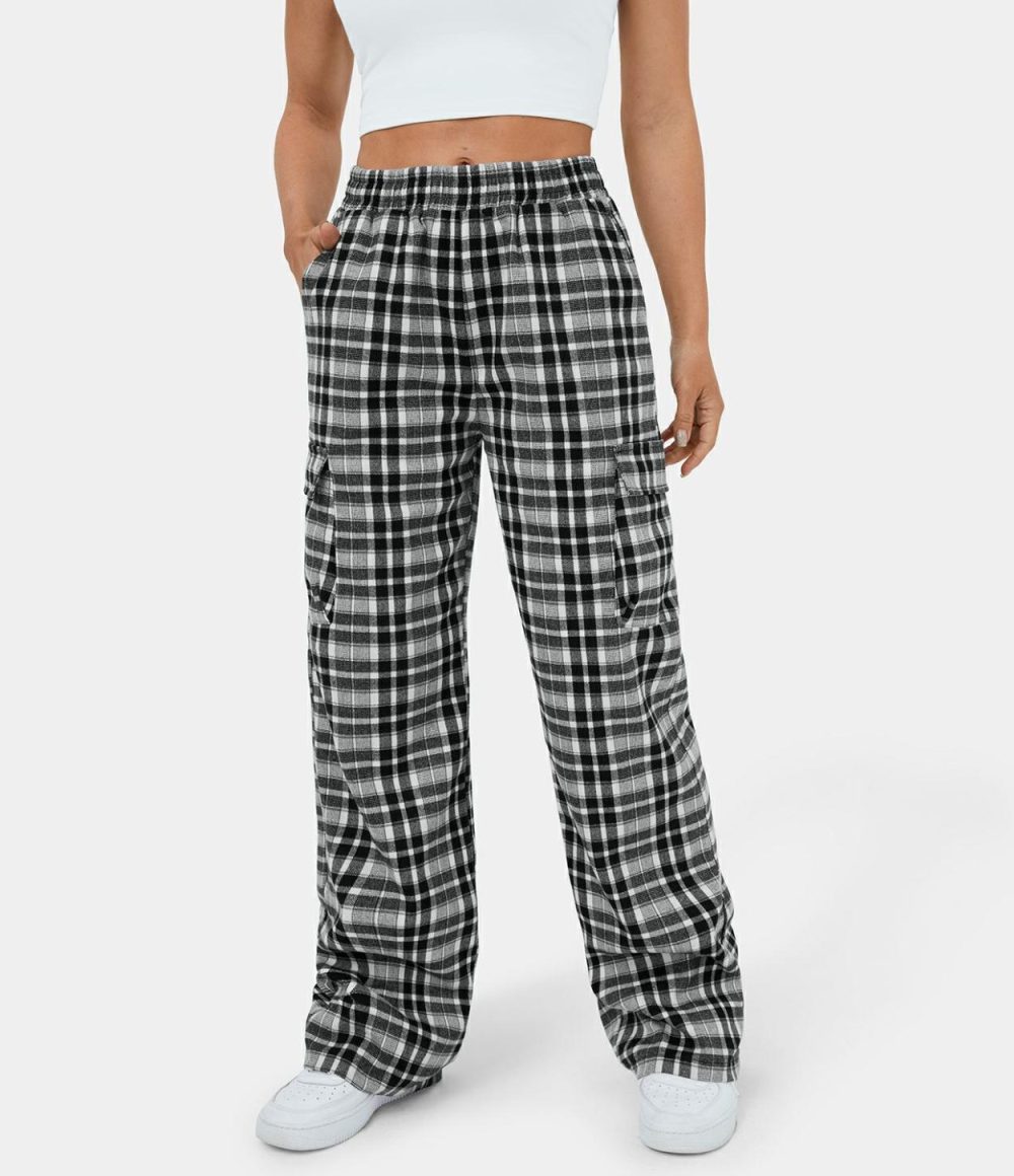 Elastic Waistband Side Pocket Plaid Wide Leg Casual Cargo Pants  | Womens  Cargo Pants Cargo Pants Black Grey Plaid/Dark Blue Plaid