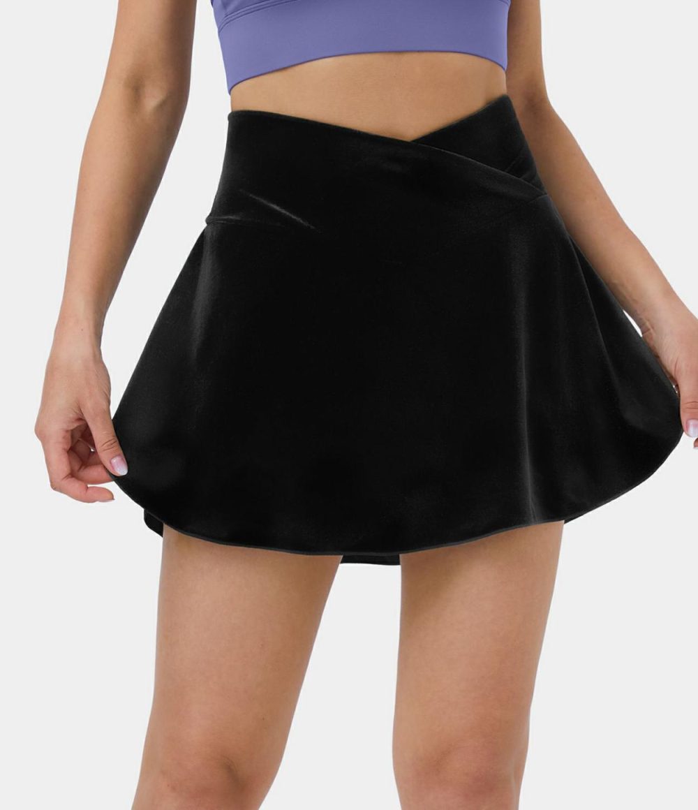 Everyday Crossover Side Pocket 2-in-1 Velvet Casual Skirt-Lucid  | Womens  Mini Skirts Clothing Deep Navy/Black