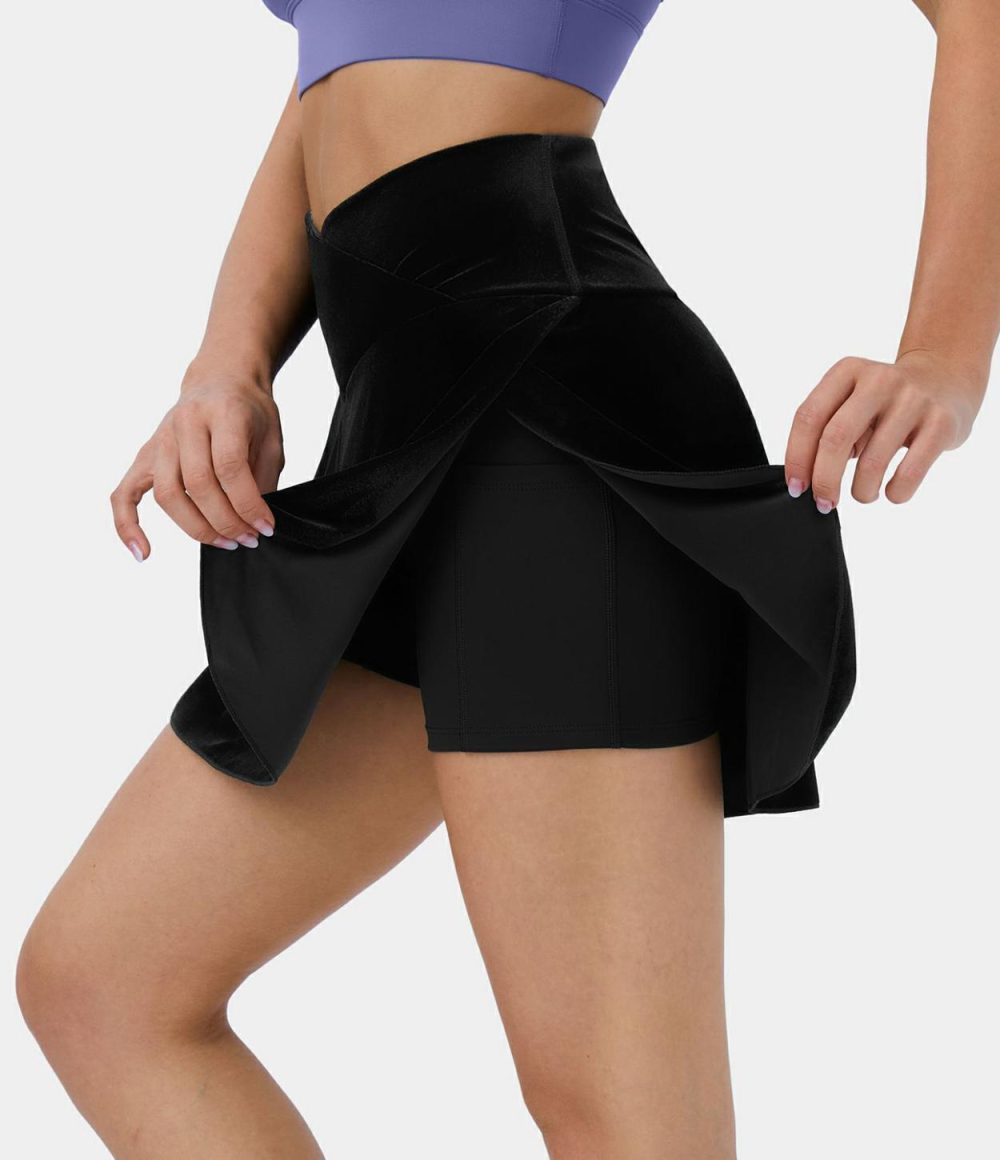 Everyday Crossover Side Pocket 2-in-1 Velvet Casual Skirt-Lucid  | Womens  Mini Skirts Clothing Deep Navy/Black