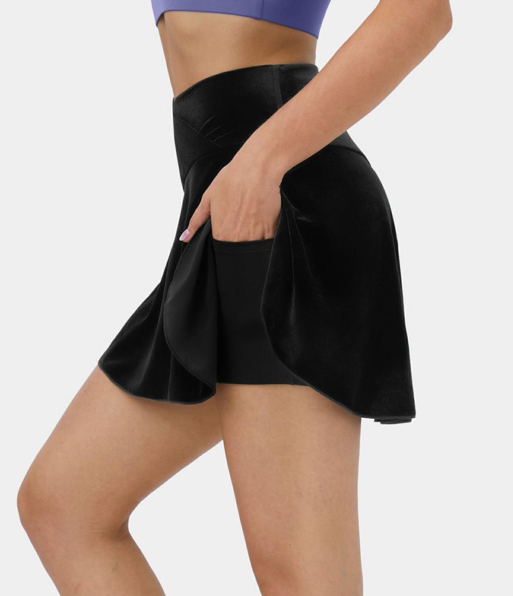 Everyday Crossover Side Pocket 2-in-1 Velvet Casual Skirt-Lucid  | Womens  Mini Skirts Clothing Deep Navy/Black