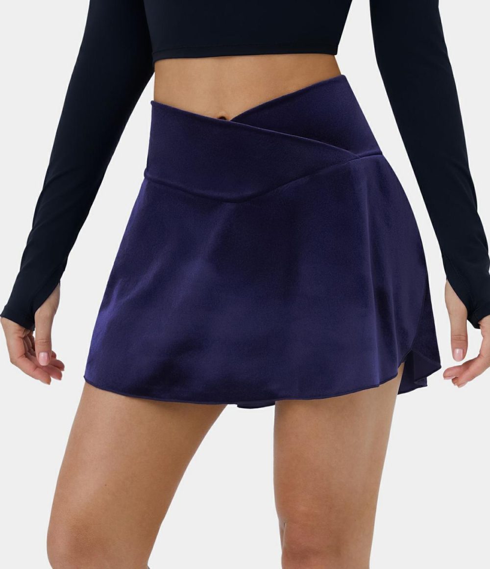 Everyday Crossover Side Pocket 2-in-1 Velvet Casual Skirt-Lucid  | Womens  Mini Skirts Clothing Deep Navy/Black