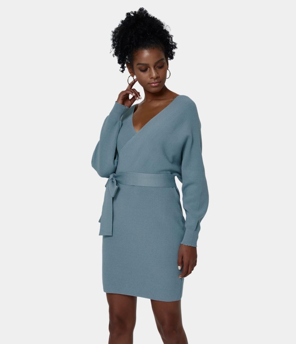 Everyday Deep V Neck Belted Mini Knitted Dress  | Womens  Sweaters Clothing Light Blue/Auburn Red/Black