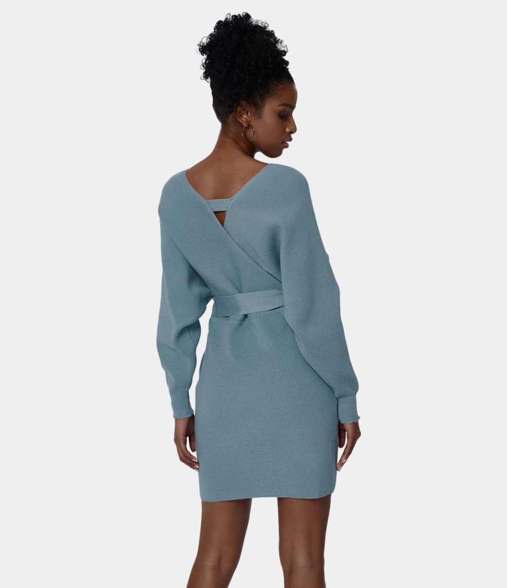 Everyday Deep V Neck Belted Mini Knitted Dress  | Womens  Sweaters Clothing Light Blue/Auburn Red/Black