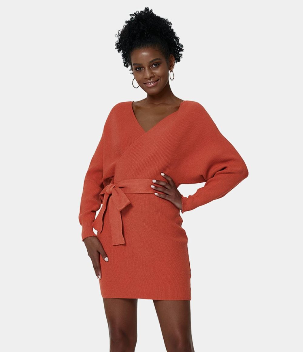 Everyday Deep V Neck Belted Mini Knitted Dress  | Womens  Sweaters Clothing Light Blue/Auburn Red/Black