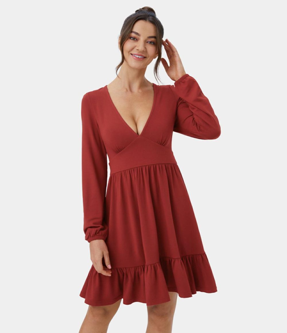 Everyday Deep V Neck Ruffled Hem Mini Dress  | Womens  Mini Dresses Clothing Mini Dresses