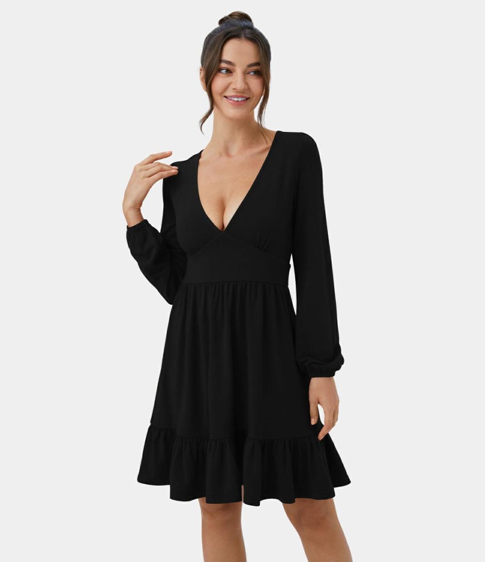 Everyday Deep V Neck Ruffled Hem Mini Dress  | Womens  Mini Dresses Clothing Mini Dresses