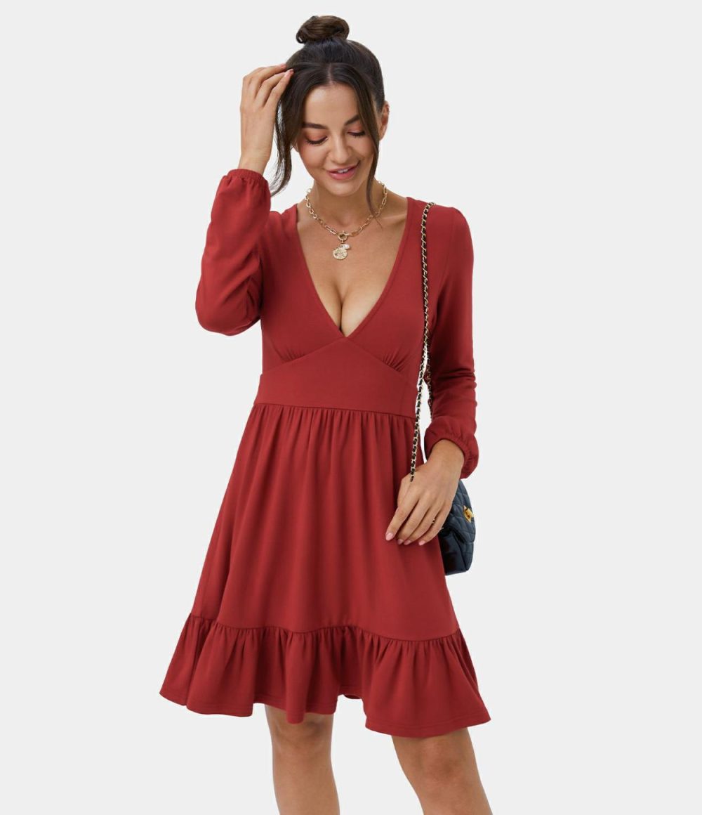 Everyday Deep V Neck Ruffled Hem Mini Dress  | Womens  Mini Dresses Clothing Mini Dresses