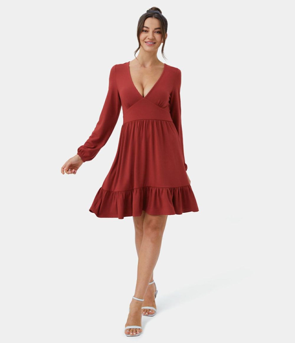 Everyday Deep V Neck Ruffled Hem Mini Dress  | Womens  Mini Dresses Clothing Mini Dresses