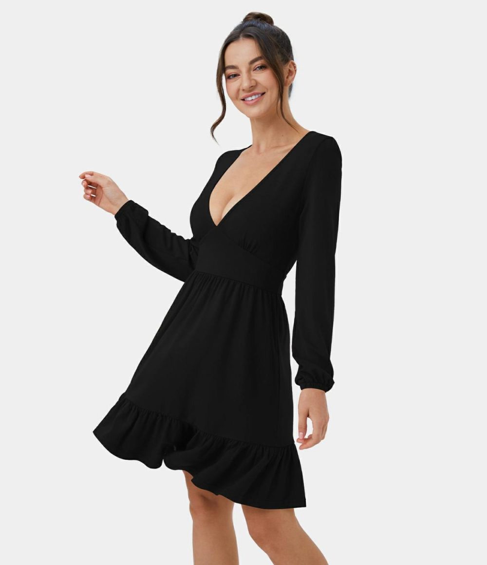 Everyday Deep V Neck Ruffled Hem Mini Dress  | Womens  Mini Dresses Clothing Mini Dresses