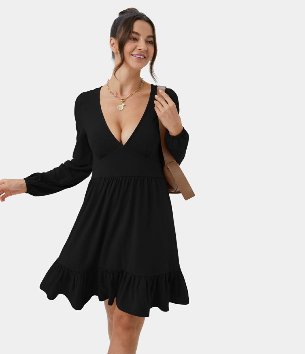 Everyday Deep V Neck Ruffled Hem Mini Dress  | Womens  Mini Dresses Clothing Mini Dresses