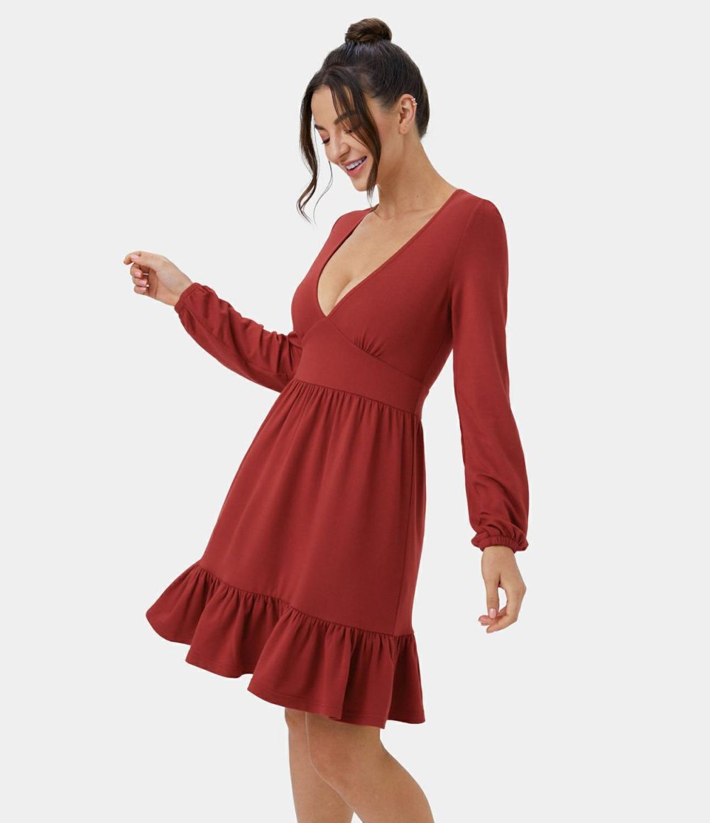 Everyday Deep V Neck Ruffled Hem Mini Dress  | Womens  Mini Dresses Clothing Mini Dresses