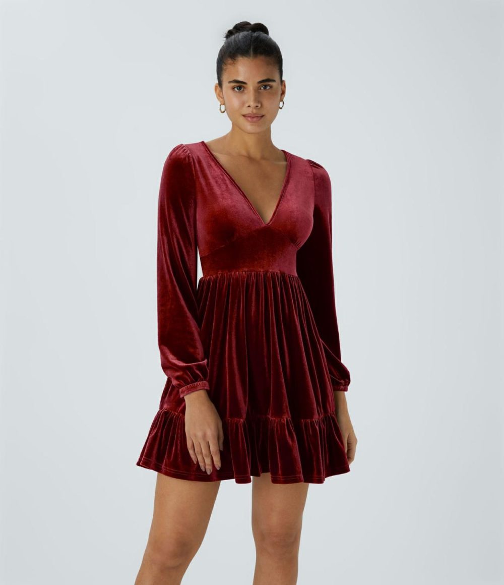 Everyday Deep V Neck Ruffled Hem Velvet Mini Chill Party Dress  | Womens  Mini Dresses Clothing Mini Dresses