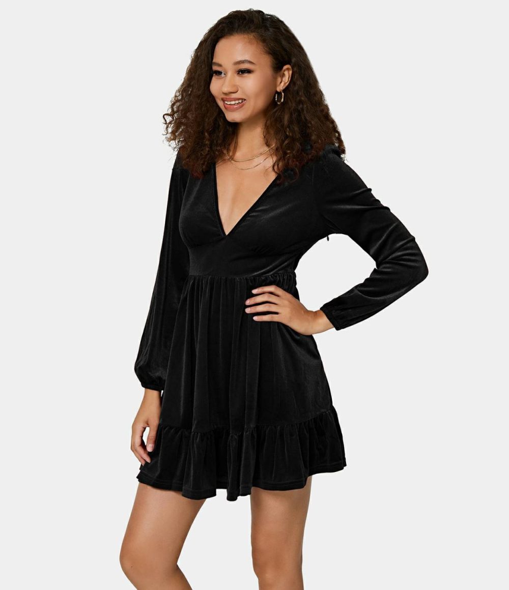 Everyday Deep V Neck Ruffled Hem Velvet Mini Chill Party Dress  | Womens  Mini Dresses Clothing Mini Dresses