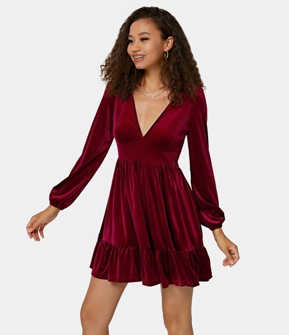 Everyday Deep V Neck Ruffled Hem Velvet Mini Chill Party Dress  | Womens  Mini Dresses Clothing Mini Dresses