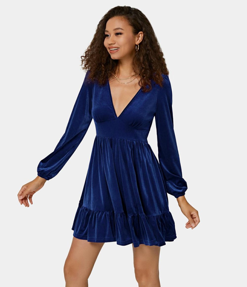 Everyday Deep V Neck Ruffled Hem Velvet Mini Chill Party Dress  | Womens  Mini Dresses Clothing Mini Dresses